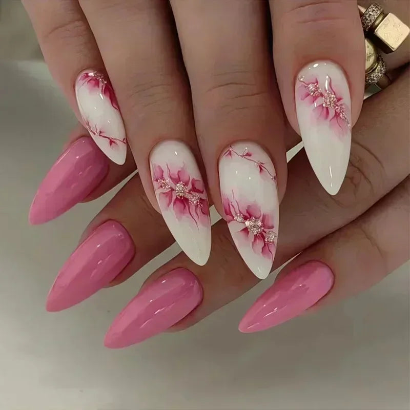 French Press on Fake Nails with Flowers Designs Summer Blue Short Almond False Nails Wearable French Full Cover Press on Nails