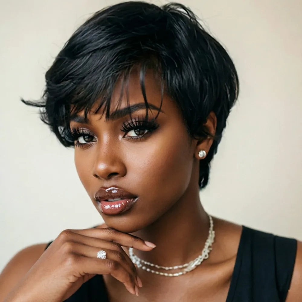 short straight Pixie Cut human hair Wig 6Inch 150% Density Basic Style for Daily machine made Women'S Chic Retro
