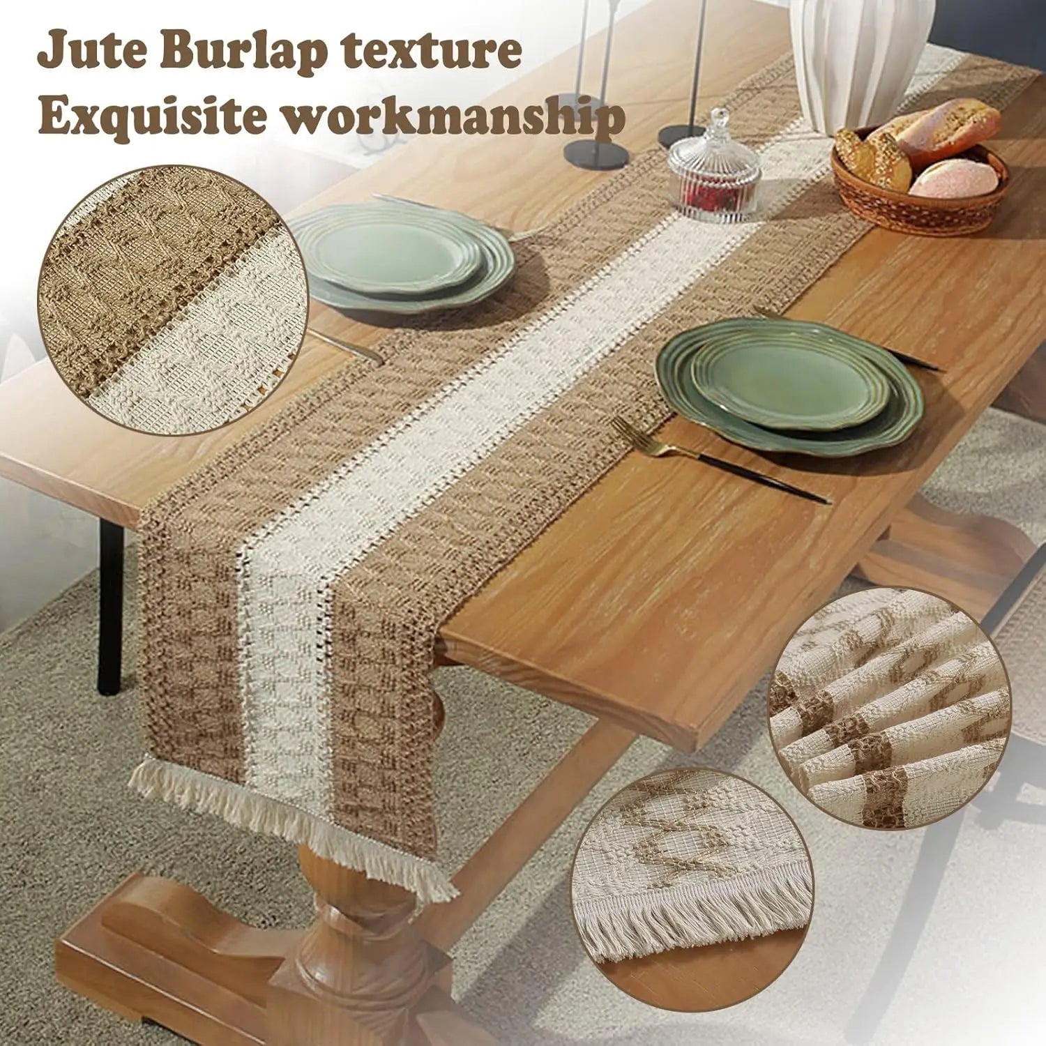 Bohemsk bordløper for hjemmedekor, bordløper i gårdsstil med striper, 72 tommer lang bordløper til bryllupsfest og høytid