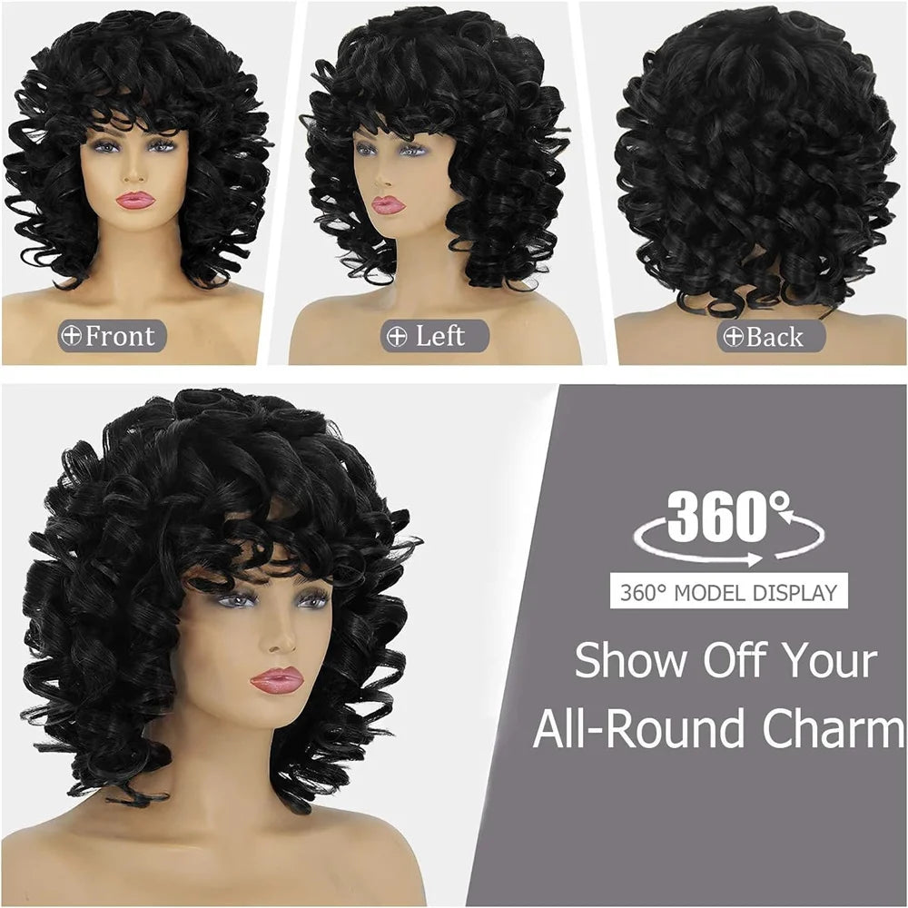 Big Curly Wigs For Black Women, Synthetic Loose Curly Wigs With Bangs, 14 Inch Black Natural Bob Wigs For Women