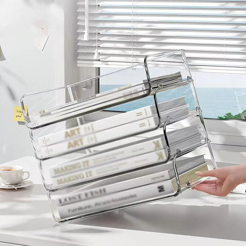 Desktop File Organizer Stackable Storage Tray Clear Paper Rack Stationery Box Home Office Magazine Book Shelf Transparent Holder