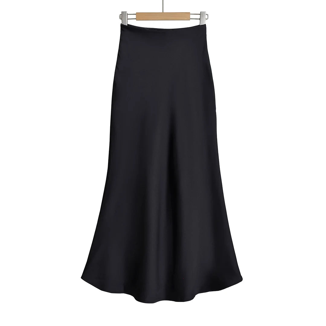Elegant Satin Midi Slip Skirt with Side Zipper – Smooth & Flowing Fit for Versatile Styling