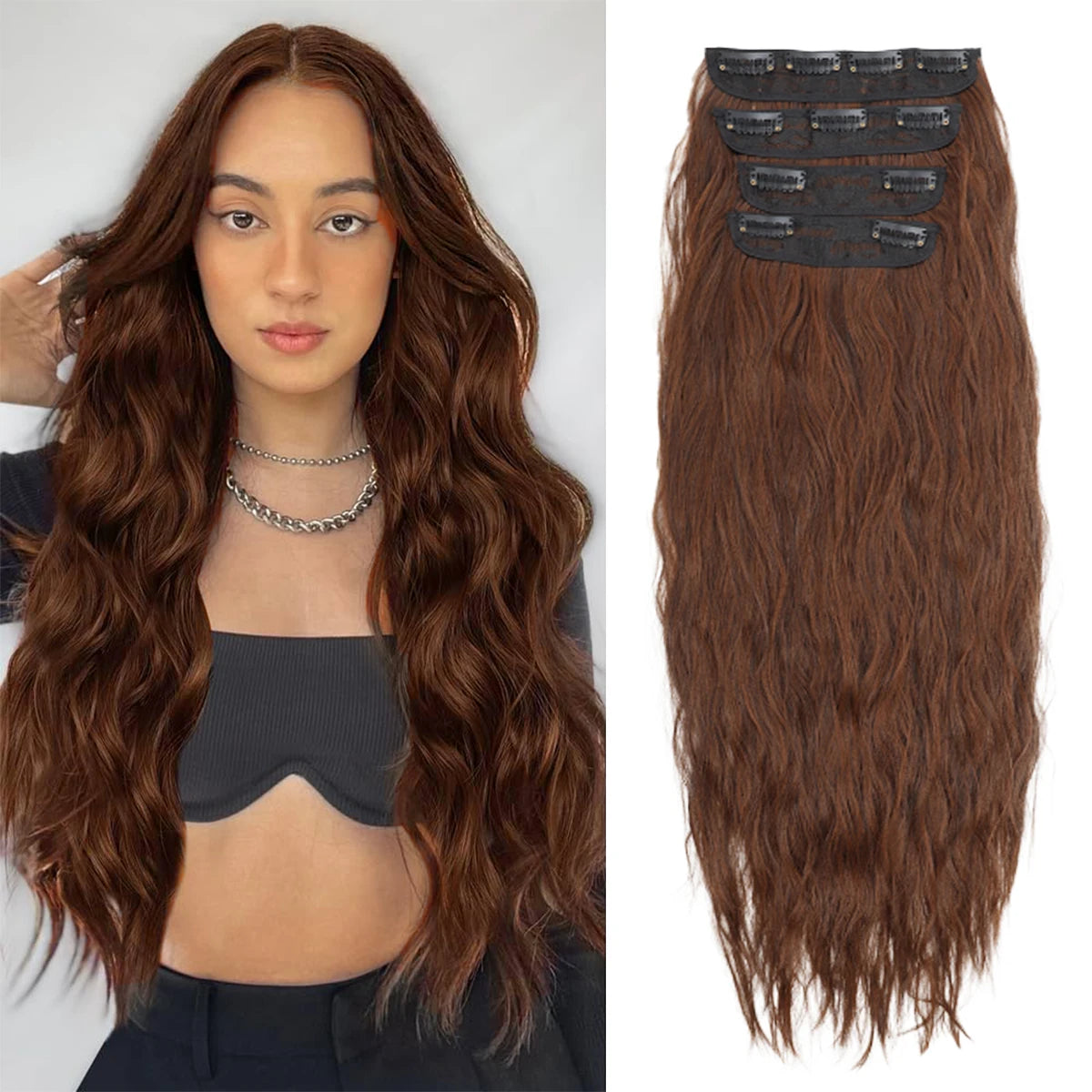 Natural Long Wavy Synthetic Hair Extension 18-32 inches Black 4pcs Hairpiece Fiber Double Weft Hair For Women Hair Accessories