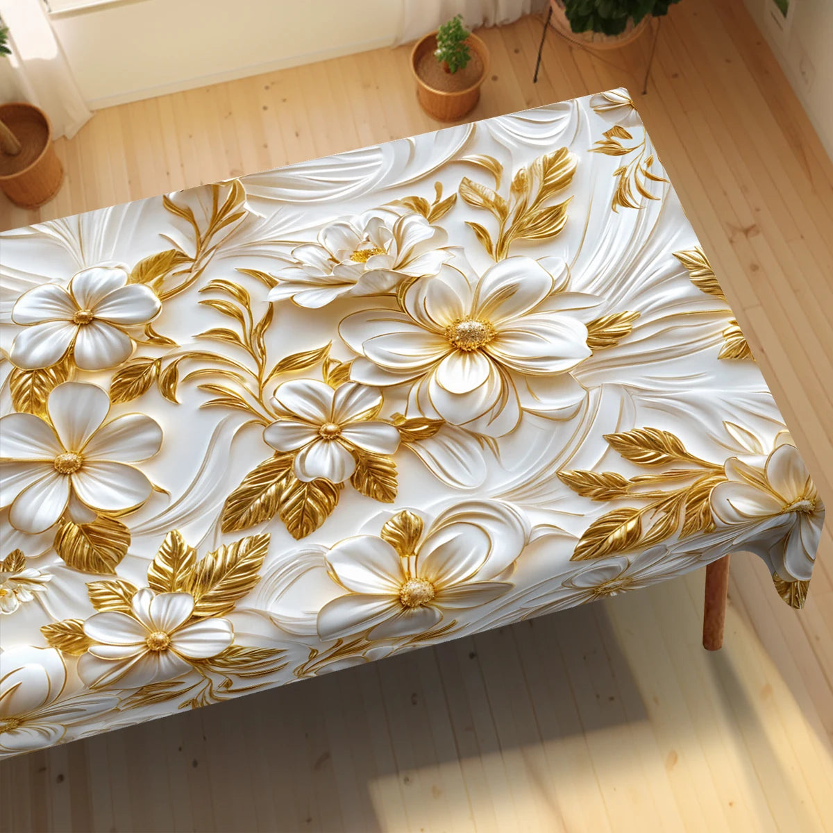 1 Mantel redondo y rectangular retro floral, disponible en varios tamaños, diseño de impresión de patrón floral dorado 3D estéreo, primavera y verano, adecuado para cocina casera, manteles para banquetes, Pascua, bodas, mar