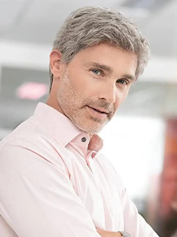 Peluca gris corta para hombre, capas naturales, pelucas de Halloween para disfraz, pelucas de repuesto de pelo sintético resistente al calor para hombres