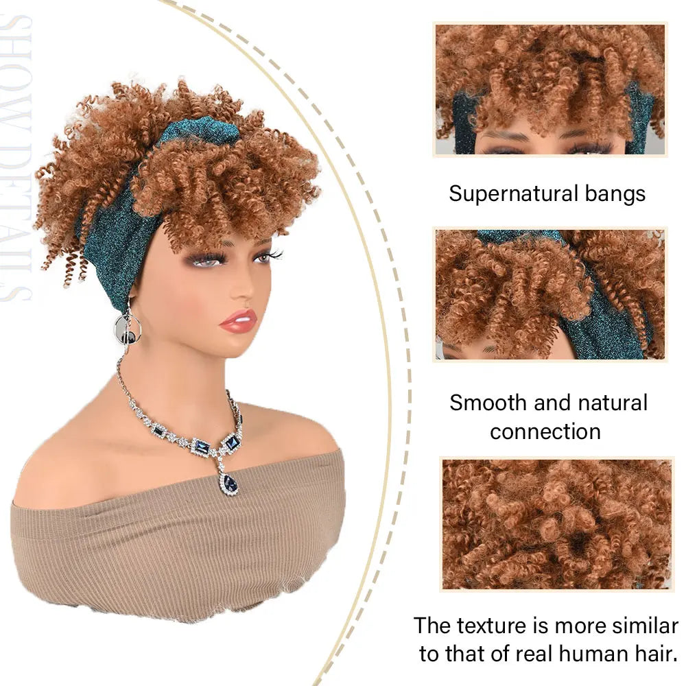 Pelucas con diadema para mujeres negras, pelucas sintéticas cortas afro rizadas, peluca marrón con flequillo, peluca con turbante 2 en 1