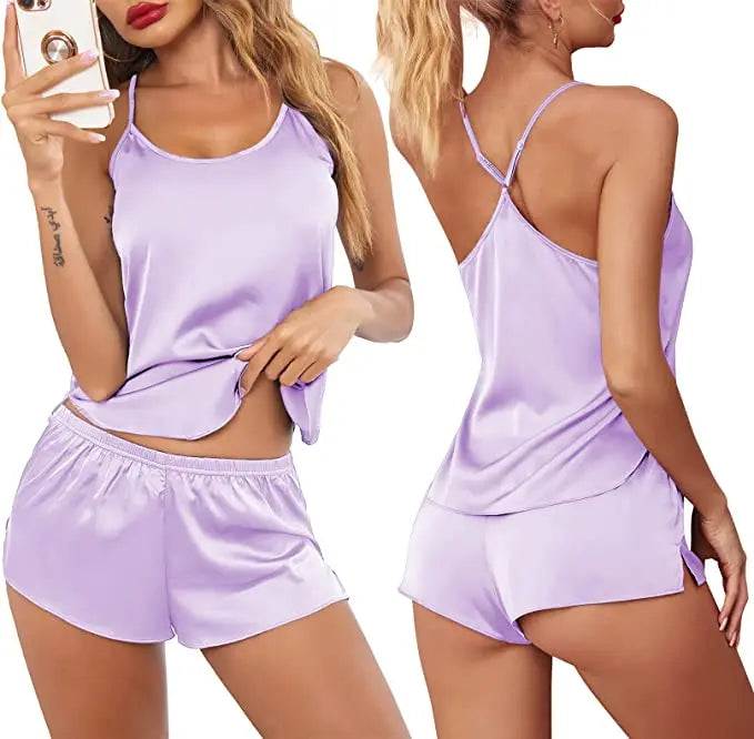 Conjuntos de pijama de satén y encaje sexy para mujer, ropa de dormir, tops sin mangas + pantalones cortos, conjuntos de 2 piezas de pijama para mujer