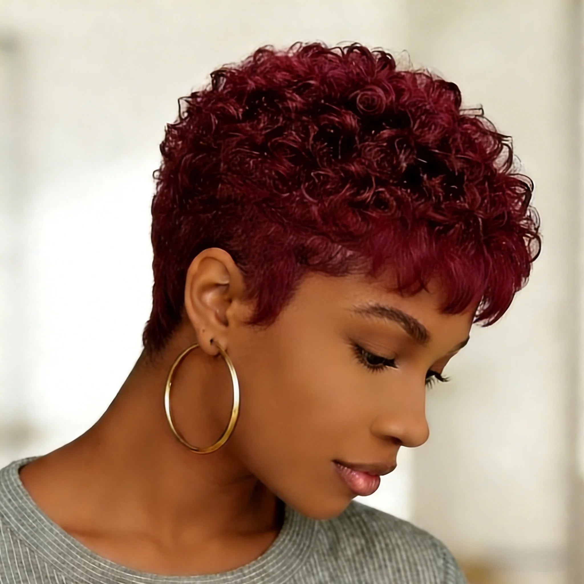Pixie Cut Wigs Human Hair Short Curly  For Women Natural Black Wine red brown Full Machine Made Wig