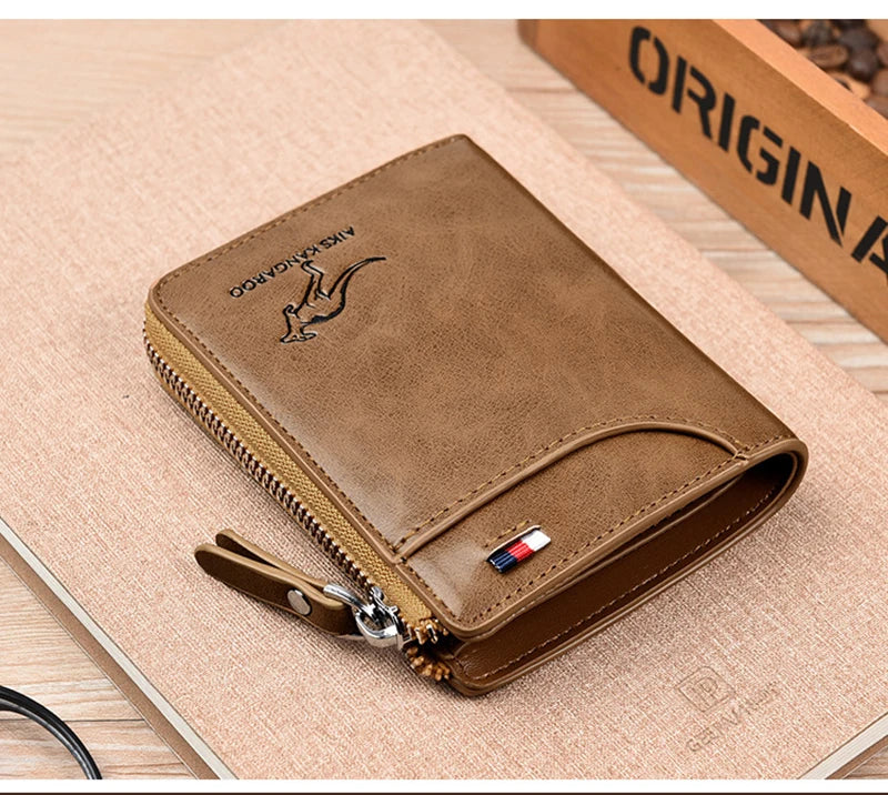 Cartera de cuero para hombre, tarjetero de negocios con cremallera, carteras de lujo para hombre, protección RFID, cartera masculina de lujo