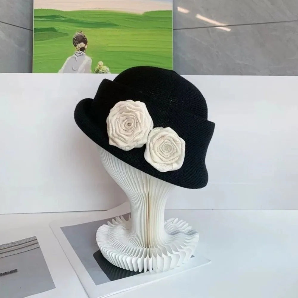 Vintage French Style Camellia Flower Cap Curl Brim Hepburn Floral Bowler Hat Elegant British Women's Formal hat Lady