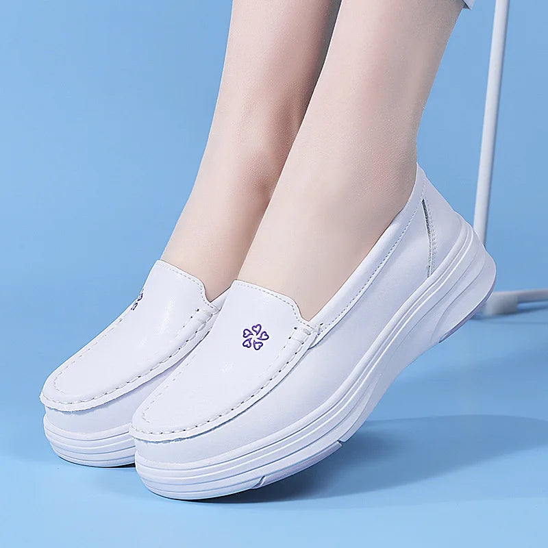 Nurse shoes with leather soft sole anti slip and breathable black thick sole women's work shoes