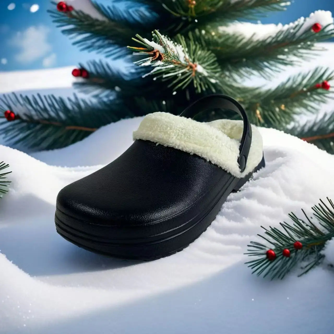 Winter Warm Eva Leather Clog Shoes with Faux Fur Lining & Adjustable Strap for Women/Men Outdoor Snow Casual Wear Christmas Gift
