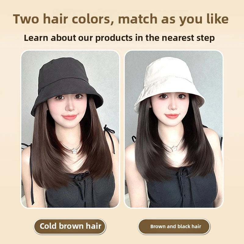 Sombrero peluca de una pieza para mujer, gorro de cubo natural a la moda, resistente al sol, peluca sintética de pelo liso, pelucas de cabeza completa para mujeres