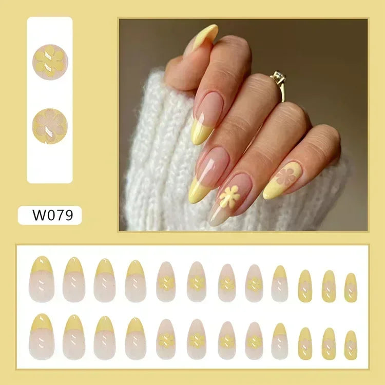 French Press on Fake Nails with Flowers Designs Summer Blue Short Almond False Nails Wearable French Full Cover Press on Nails