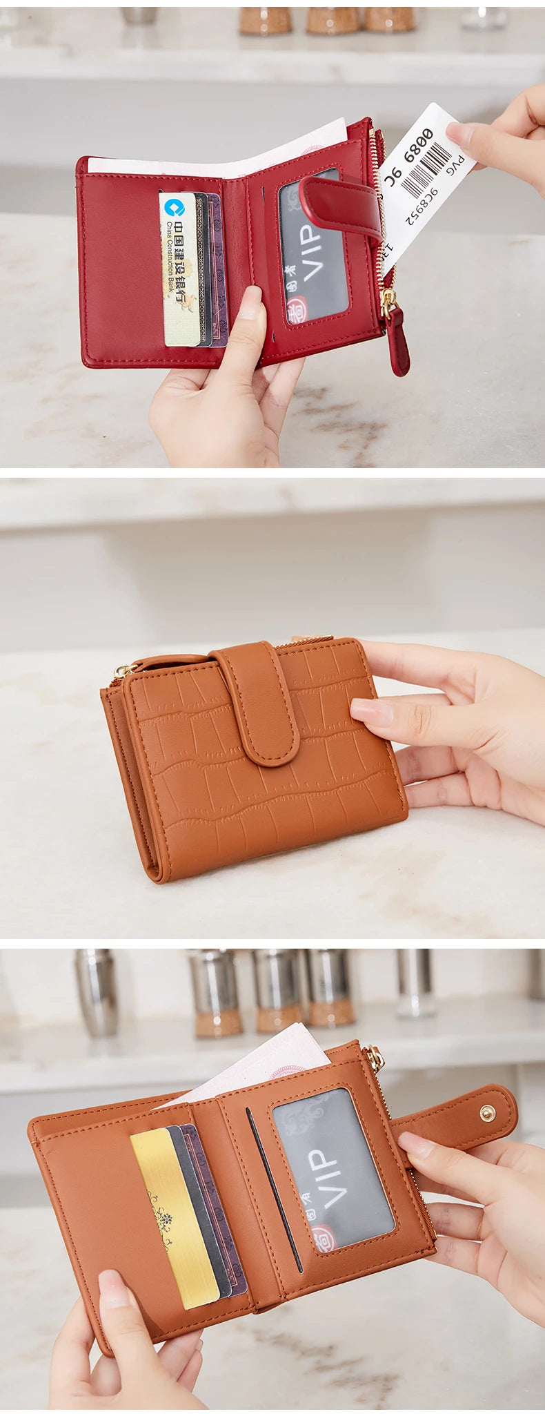 Klassisk luksuslommebok med kortklips, liten, multifunksjonell, PU-håndveske i skinn, ensfarget, dobbel fold, dame, ZeroWallet