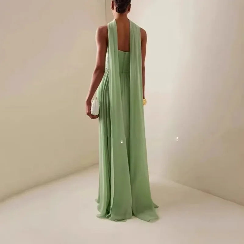 Women Sexy Fashion Backless Pleated Dresses Elegant Simple Casual Green Waist Chiffon Chic Evening Gown New Women Clothing