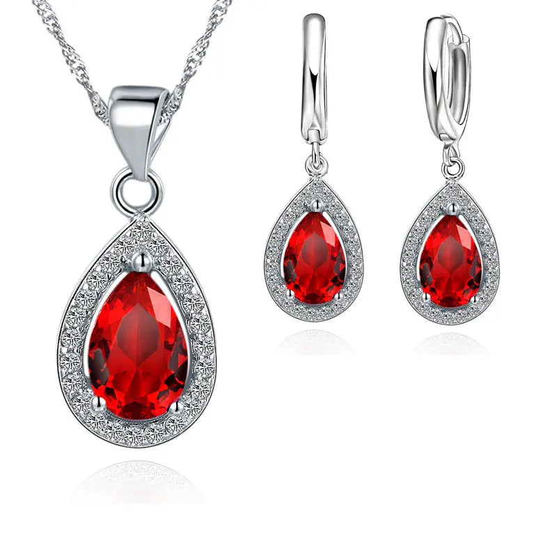 Conjunto de collar y pendientes de cristal en forma de gota de agua para mujer – Joyería de novia de plata de ley 925