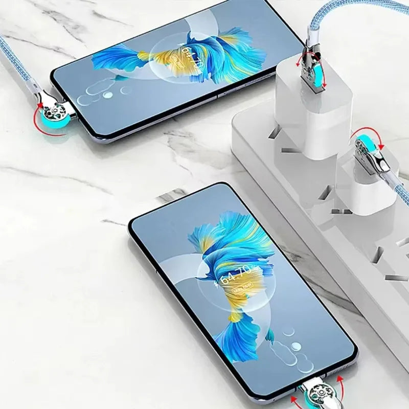 Dual 180° Rotating Fast Charging Cable Type C Micro USB Charger with Light Zinc Alloy Braided Data Cable For Android iPhone