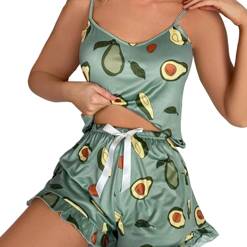 Women's Pajamas Two-piece Set of Sleeveless Tops and Shorts Avocado Pattern Home Wear Casual