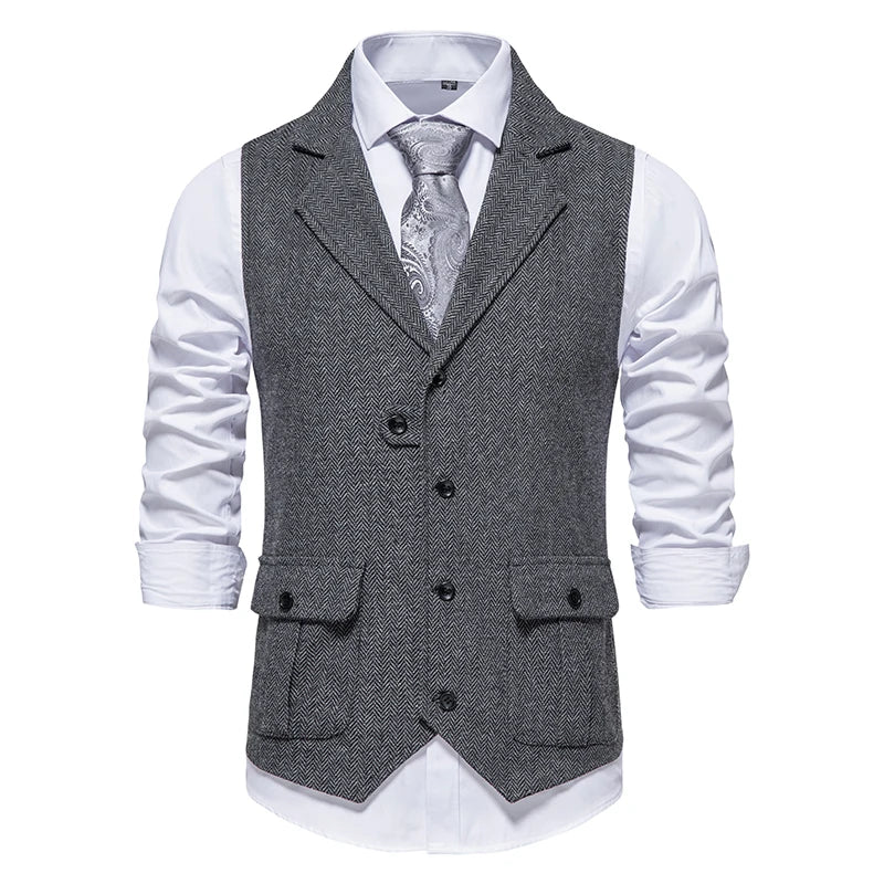 Men Suit Vest Herringbone Fabric Waistcoat Business Wedding Casual Turndown  Collar Men's Dress Blazer Vests Formal Party V07