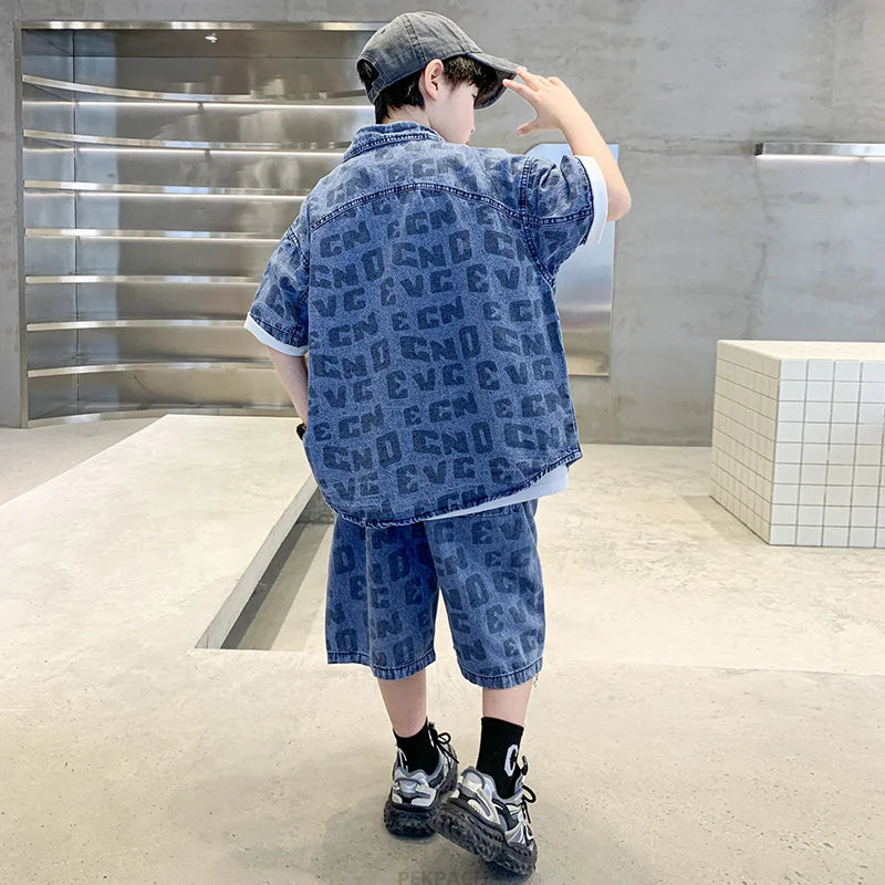 Conjunto de ropa casual de verano para niños Camisa y pantalón corto vaquero de 2 piezas para adolescentes y niños Traje de estilo urbano fresco