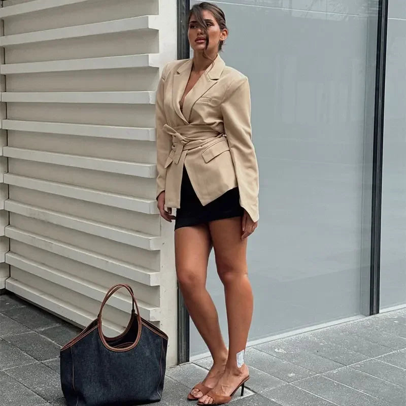 Elegant Trousers Suit Women Slim V-neck Pockets Blazer Full Sleeve Belt Straight Pants Sets Female Solid Sets Lady Spring Autumn