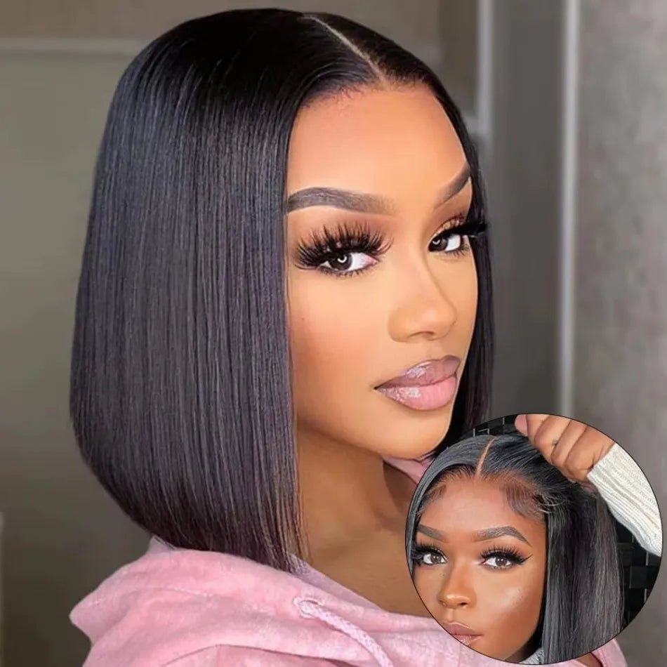 Pelucas de cabello humano Bob 13x6 pelucas delanteras de encaje 220 densidad cortas y lisas Hd Pelucas frontales de encaje transparente Cierre brasileño para mujeres