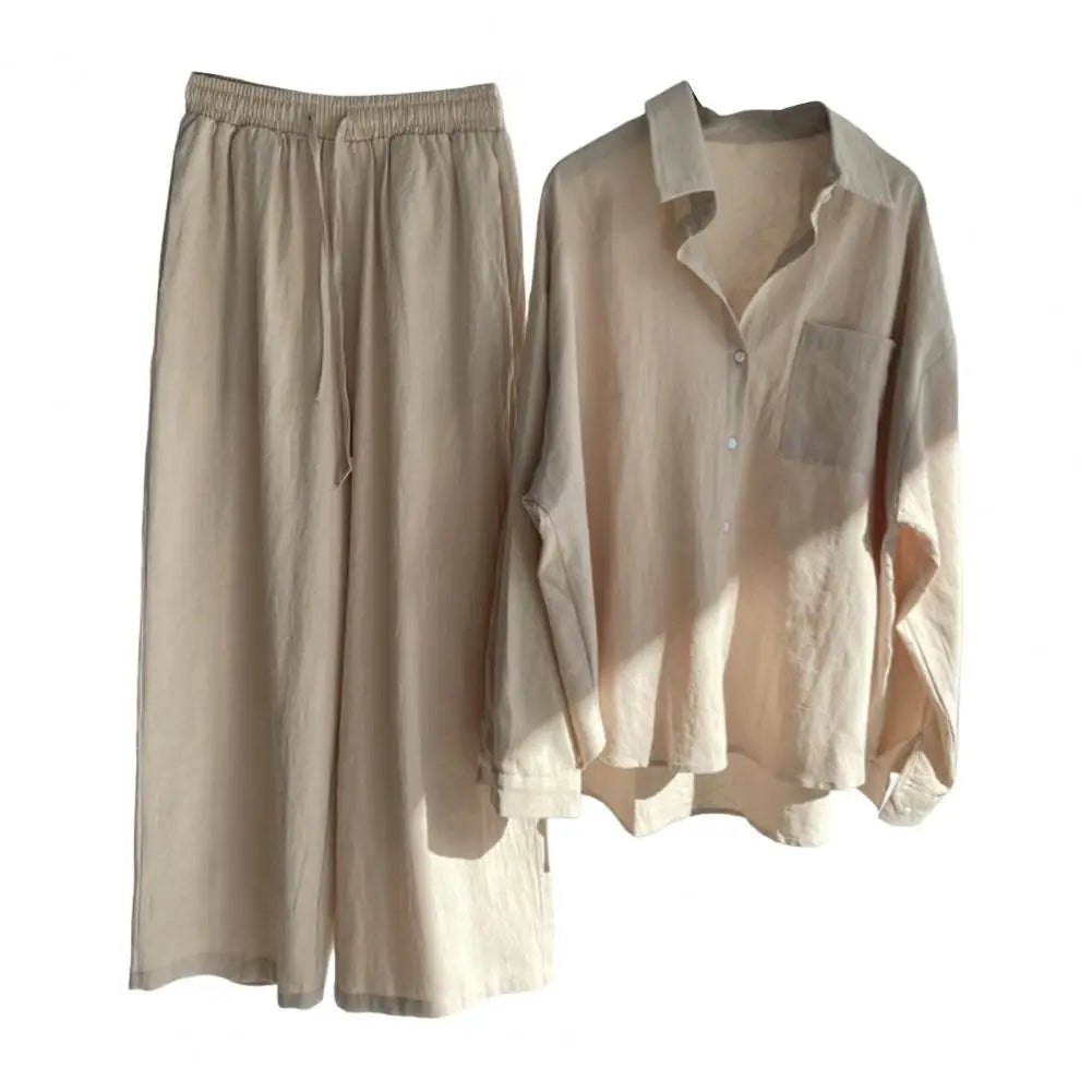 2 Pcs/Set Fabulous Women Blouse Trousers Set Turn-down Collar Women Tops Pants Suit Drawstring Two Pieces