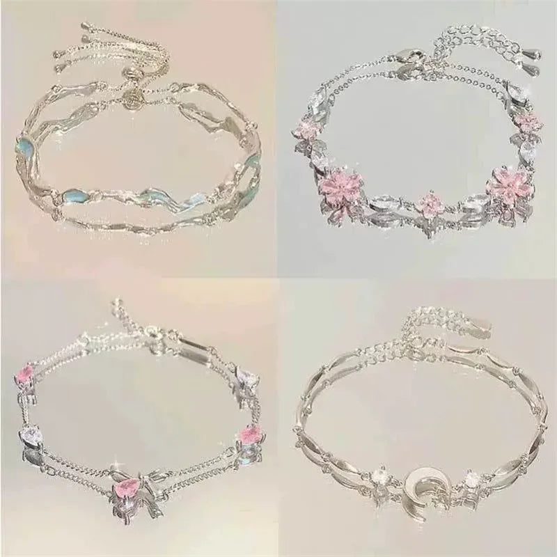 Fashion Elegant Crystal Flowers Bracelet For Women Sweet Girls Moon Cherry Blossom Bow Zircon Bracelets Luxury Designer Jewelry
