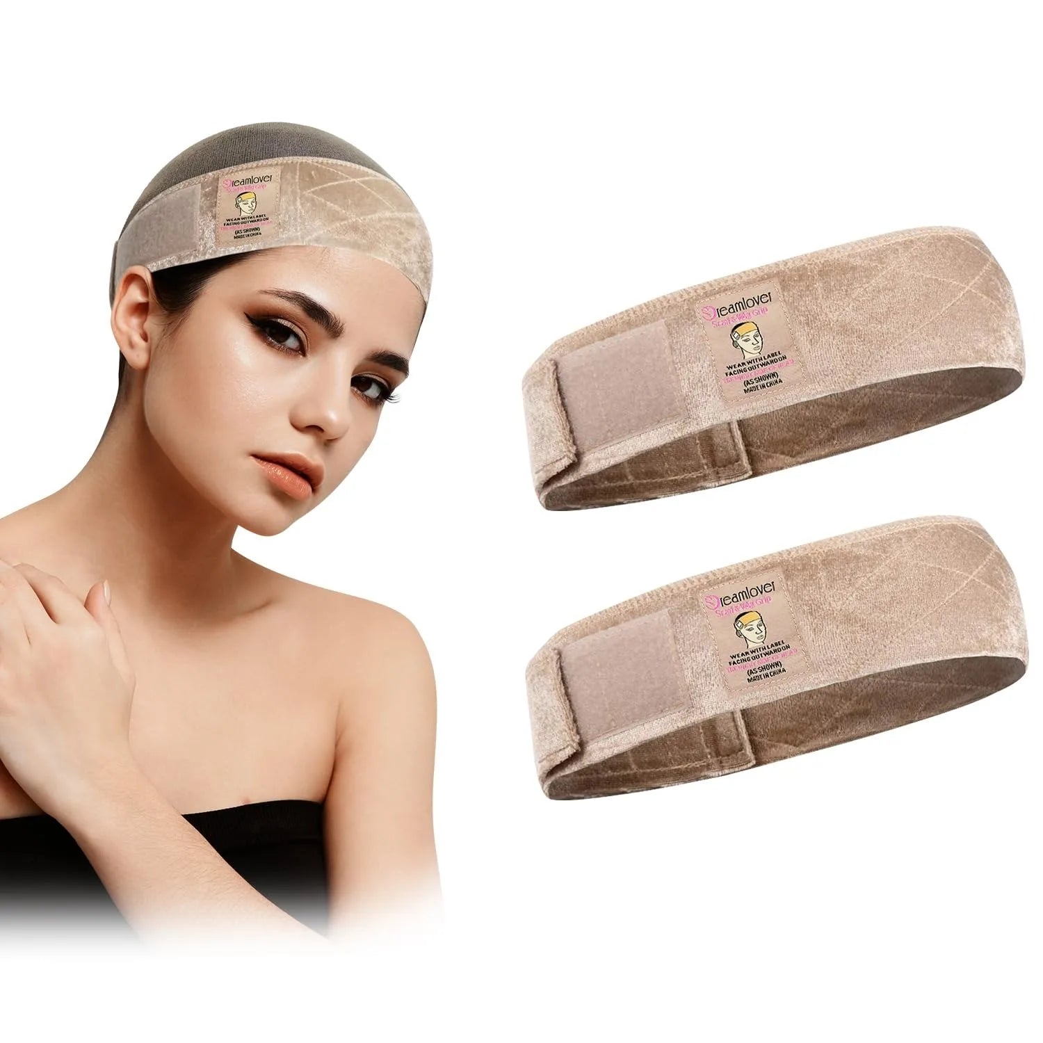 1 PCS Wide Wig Grip Band for Lace Front Wigs, Velvet Wig Grip Band with Adjustable Hook & Loop Fastener, Nude, 1 Pieces