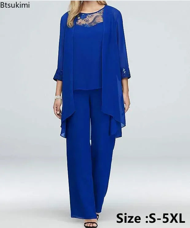 Women's Elegant Pant Sets Formal Office Ladies Oversized Chiffon Lace Suits Straight Pant Cardigan Tops 3 Pieces Sets Woman