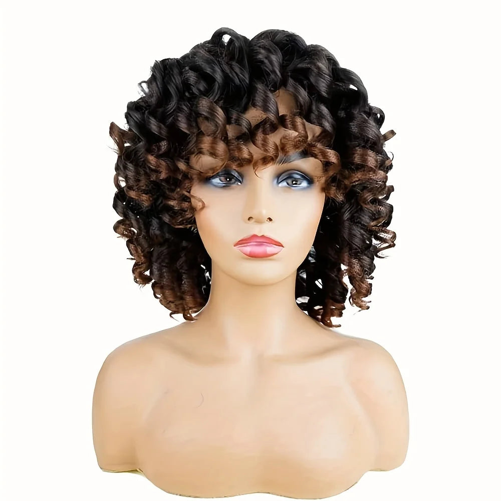 Peluca rizada corta con flequillo, peluca sintética rizada afro suave y rizada para mujeres negras, uso diario, cosplay o fiesta.
