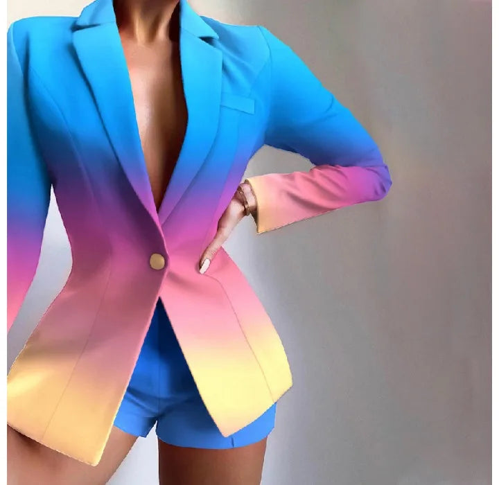 Conjunto de dos piezas de shorts para mujer, trajes de otoño e invierno, a la moda, estampado de leopardo, casual, blazer de manga larga y pantalones cortos