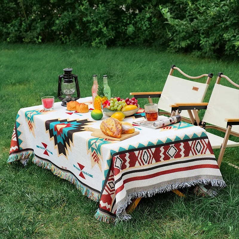 Mantel rectangular colorido estilo bohemio de tela de algodón y lino, mantel de decoración para camping al aire libre con diseño geométrico simple