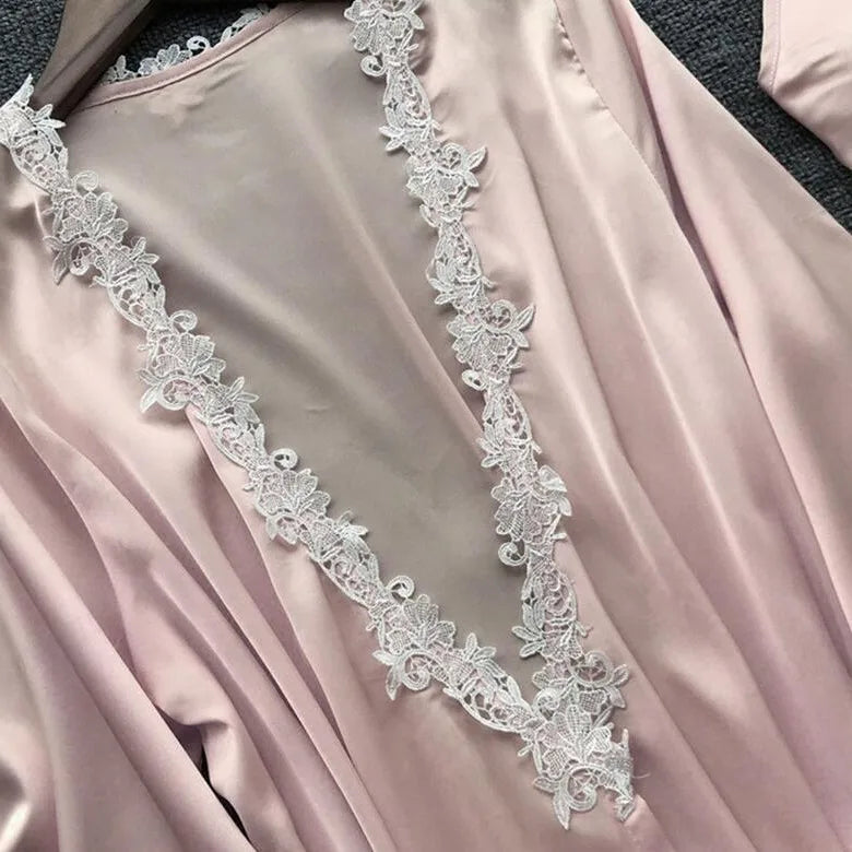 Pajamas Five Piece Set Sexy Lace Trim Nightgown Nightwear Spring Summer Women Bath Robe Loose Satin Home Wear Pijamas Suit
