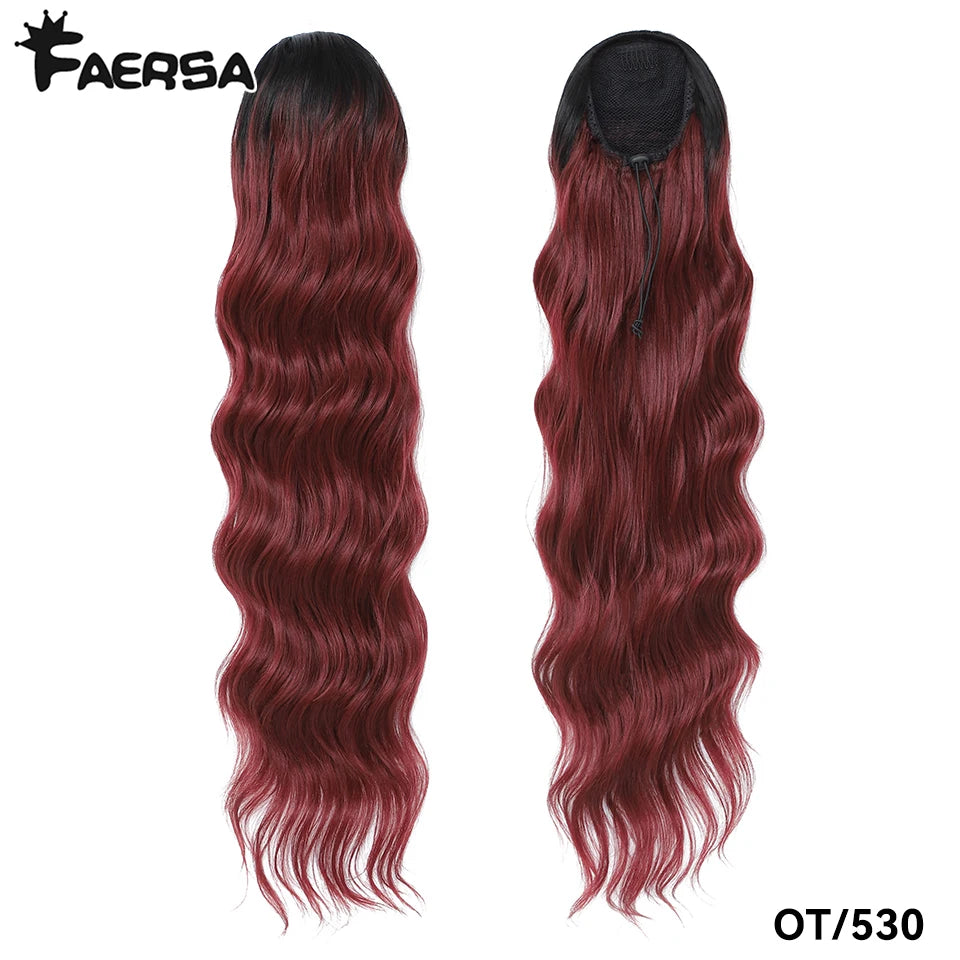 Queue de cheval à cordon de serrage de 28 pouces Extensions de cheveux synthétiques pour femmes noires Longue queue de cheval ondulée à clipser haute température pour femme afro