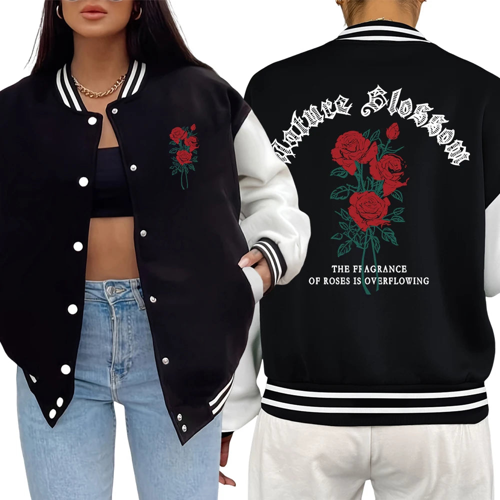 Rose Is Overflowing Prints Jackets Women Hip Hop Street Baseball Jersey Fashion Casual Y2K Womenswear Loose Warm Veste Unisex