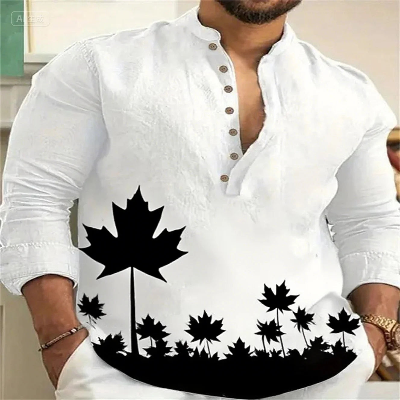 Newest linen long-sleeved simple atmospheric vegetation pattern high-quality casual shirt XS-6XL fast delivery
