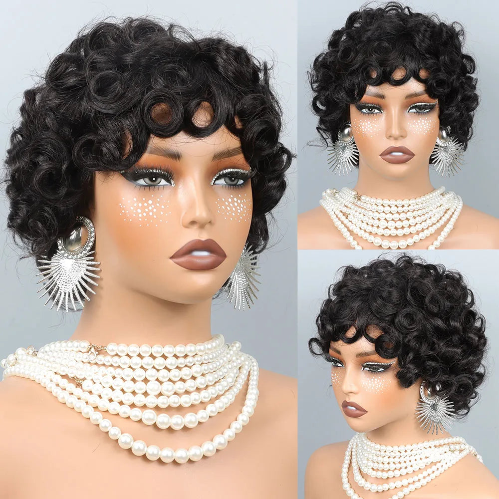 Short Layered Pixie Cut Curly Wigs With Bangs Human Hair Wigs For Black Women Short Curly Pixie Cut Wig Human Hair Machine Made
