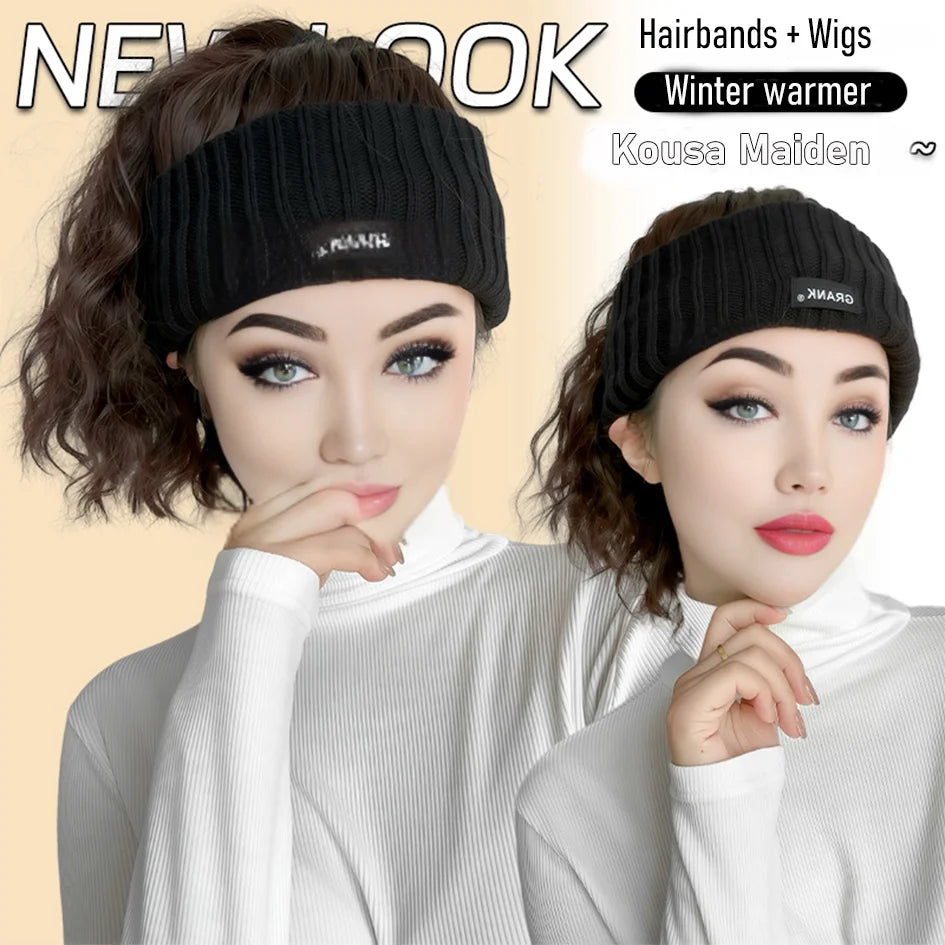 Gorro de punto de 12 pulgadas negro sintético con parte superior hueca, extensiones de peluca de cola de caballo con ondas de agua, logotipo bordado, invierno cálido, Navidad
