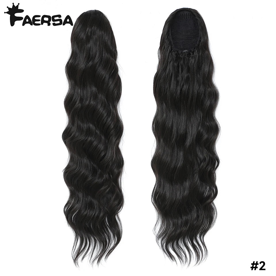 Queue de cheval à cordon de serrage de 28 pouces Extensions de cheveux synthétiques pour femmes noires Longue queue de cheval ondulée à clipser haute température pour femme afro