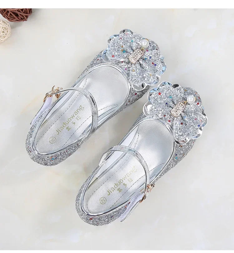 Princess Butterfly Leather Shoes Kids Diamond Bowknot High Heel Children Girl Dance Glitter Shoes Fashion Girls Party Dance Shoe