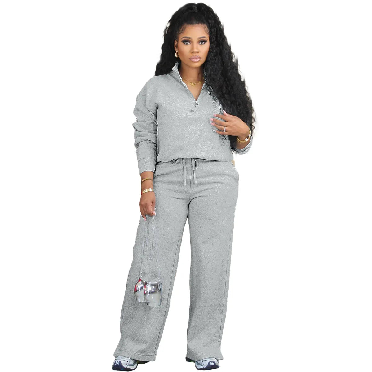 European and American Women's Clothing, Autumn and Winter Style, Loose Zipper Drawstring Pants, Sports Two-piece Set