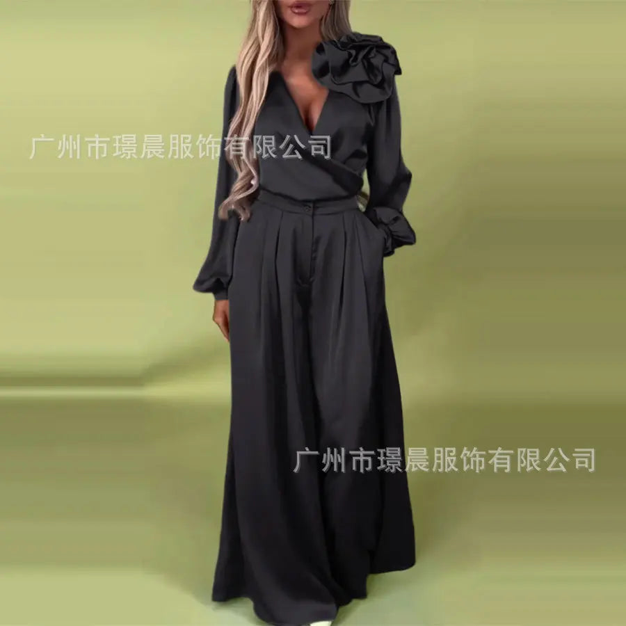 Women Pants Set Elegant 3d Flower Satin Suit For Women V Neck Blouse Wide Leg Casual Loose  Trousers Set Formal Commuting