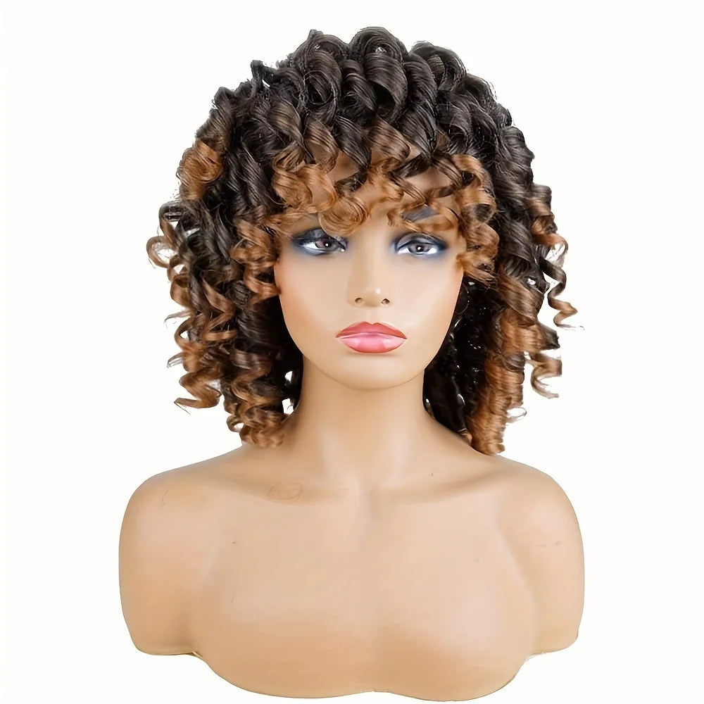 Peluca rizada corta con flequillo, peluca sintética rizada afro suave y rizada para mujeres negras, uso diario, cosplay o fiesta.