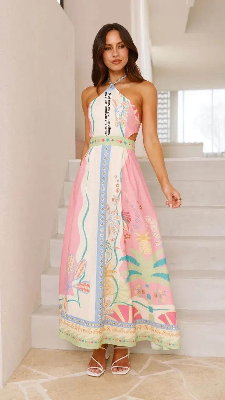 Sexy Long Neck Hanging Strap Backless Dress New Independent Station Cross-Border Sleeveless Knee-Length Polyester Fiber