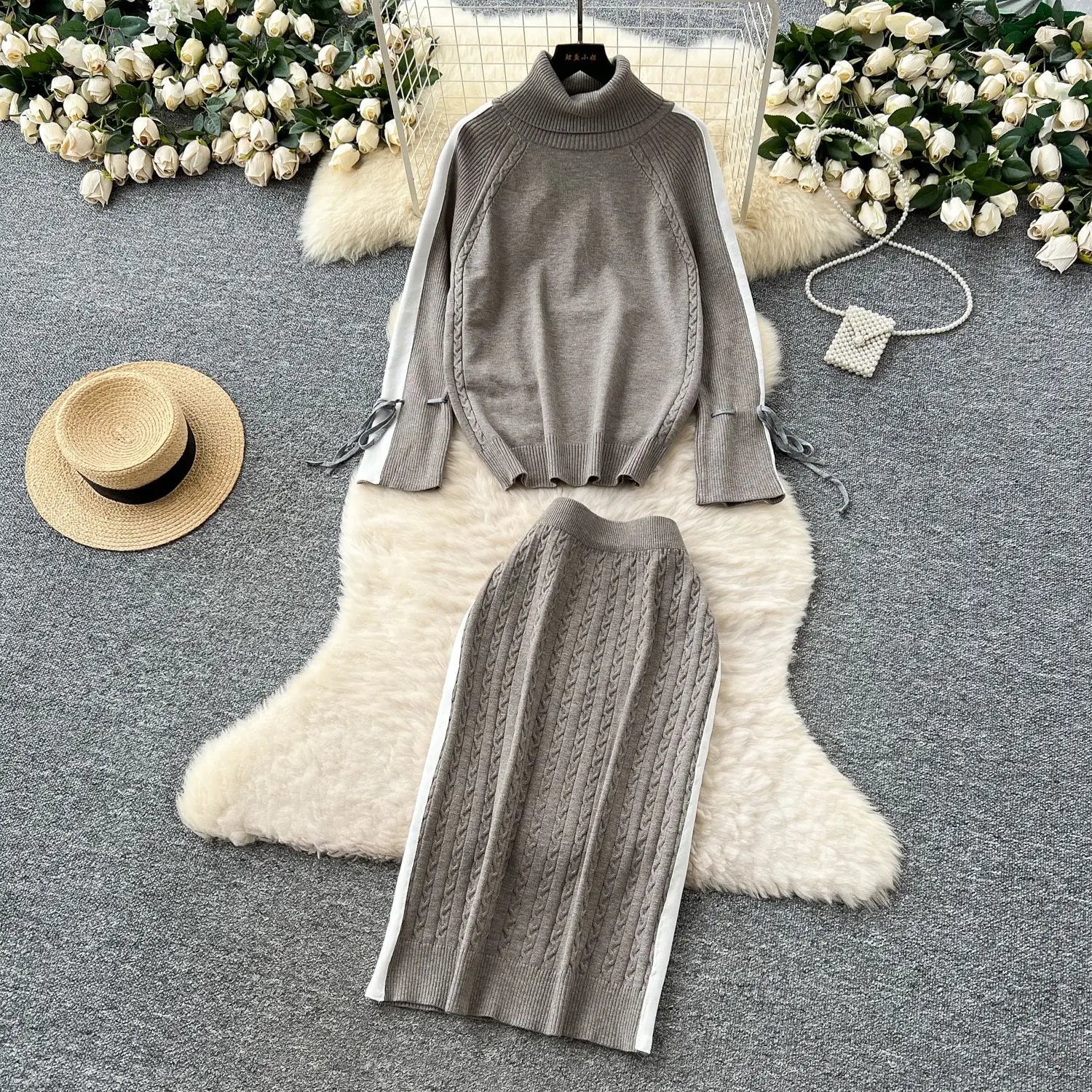 Two Piece Sets Women Skirt Set Turtleneck Knitted Full Sleeve Tops Mid Length Skirts Wrap Hip High Waist Y2k Streetwear Elegant
