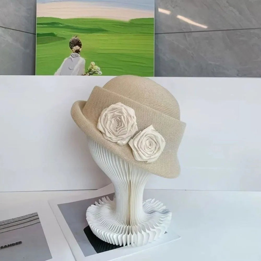 Vintage French Style Camellia Flower Cap Curl Brim Hepburn Floral Bowler Hat Elegant British Women's Formal hat Lady