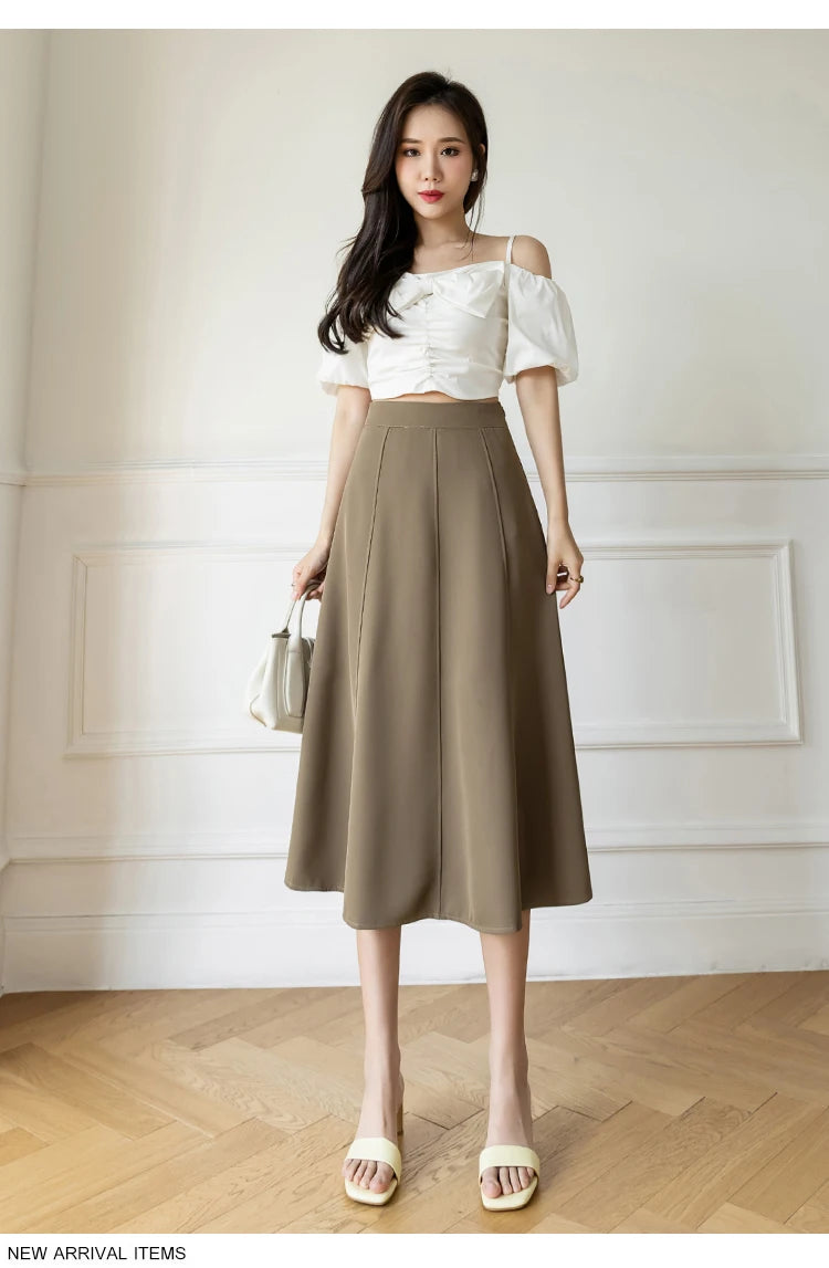 Women's Skirt Spring Women High Waist Solid Vintage Girl's Waist Down Skirt Knee-length A-line Fashion Thin Skirt for Women