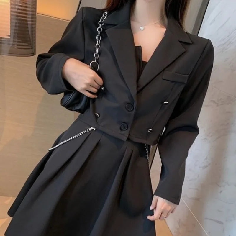 Women's Short 2 Sets Suits with Skirts and Blazer Summer Dress Outfits Two Piece Set for Woman Vintage Jacket Co Ord Korea